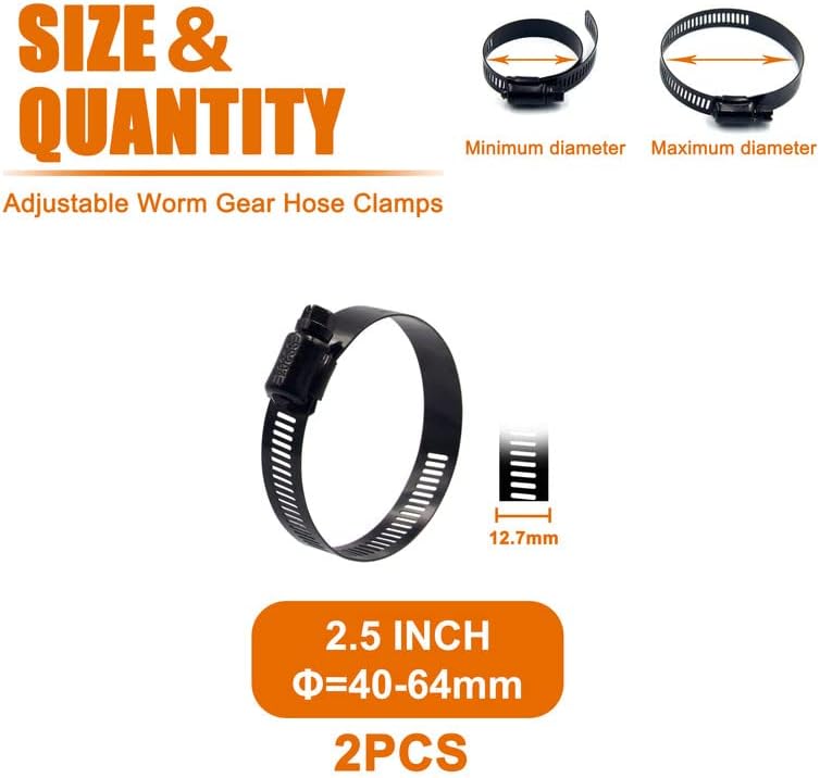 ISPINNER 2pcs 2.5 Inch Stainless Steel Adjustable 40-64mm Size Range Worm Gear Hose Clamp, Fuel Line Clamp for Plumbing, Automotive and Mechanical Application (Black) - Image 1